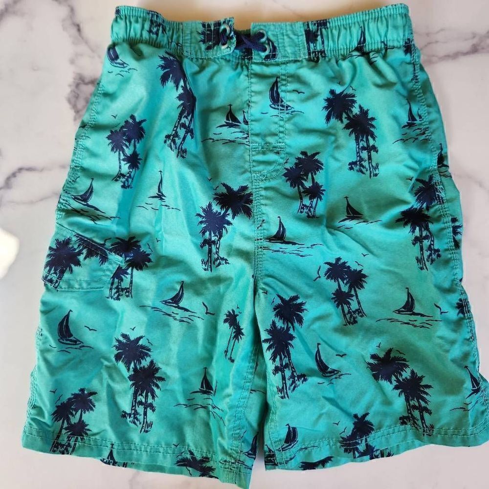 Okanu surf large 14/16 swim trunks teal palm tree board swimming shorts